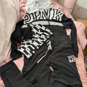 PINK Victoria's Secret Black & White Logo Active Hoodie Set pants Sports Bra
